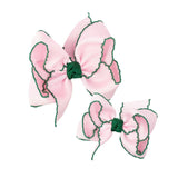 Crochet Edge Bow (Light Pink w/ Forest Green Edge)