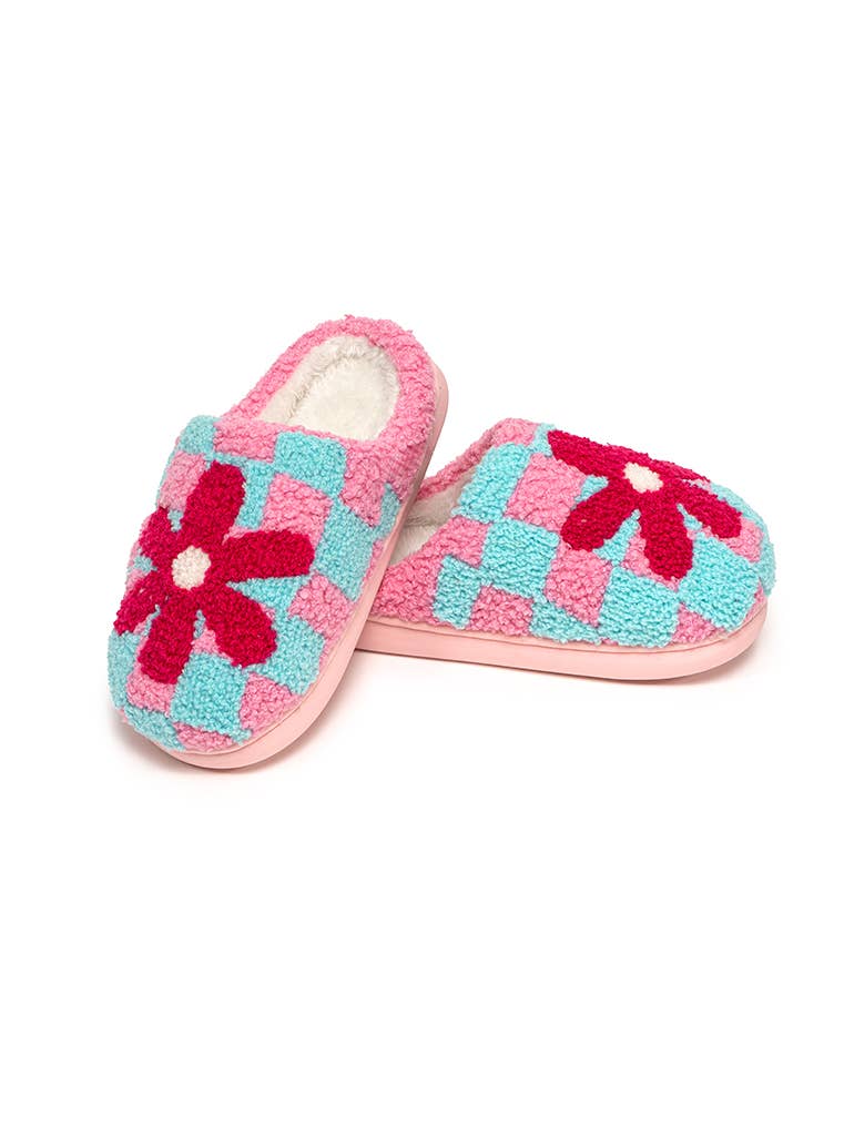 Pink and blue checkered slippers with red daisy