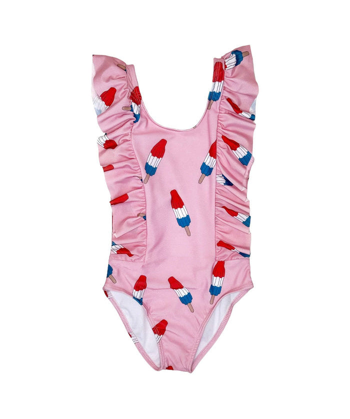 Pink swimsuit with ice cream pattern on a white background