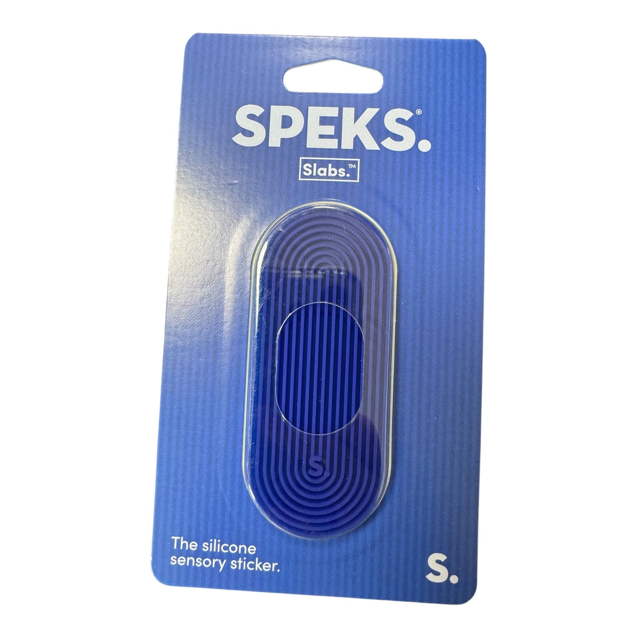 Blue sensory sticker in packaging with 'Speks' branding on a white background