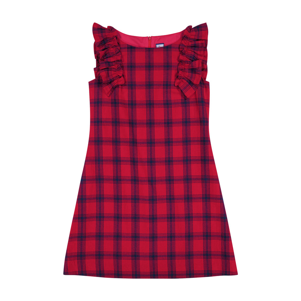 red plaid dress with ruffle sleeve