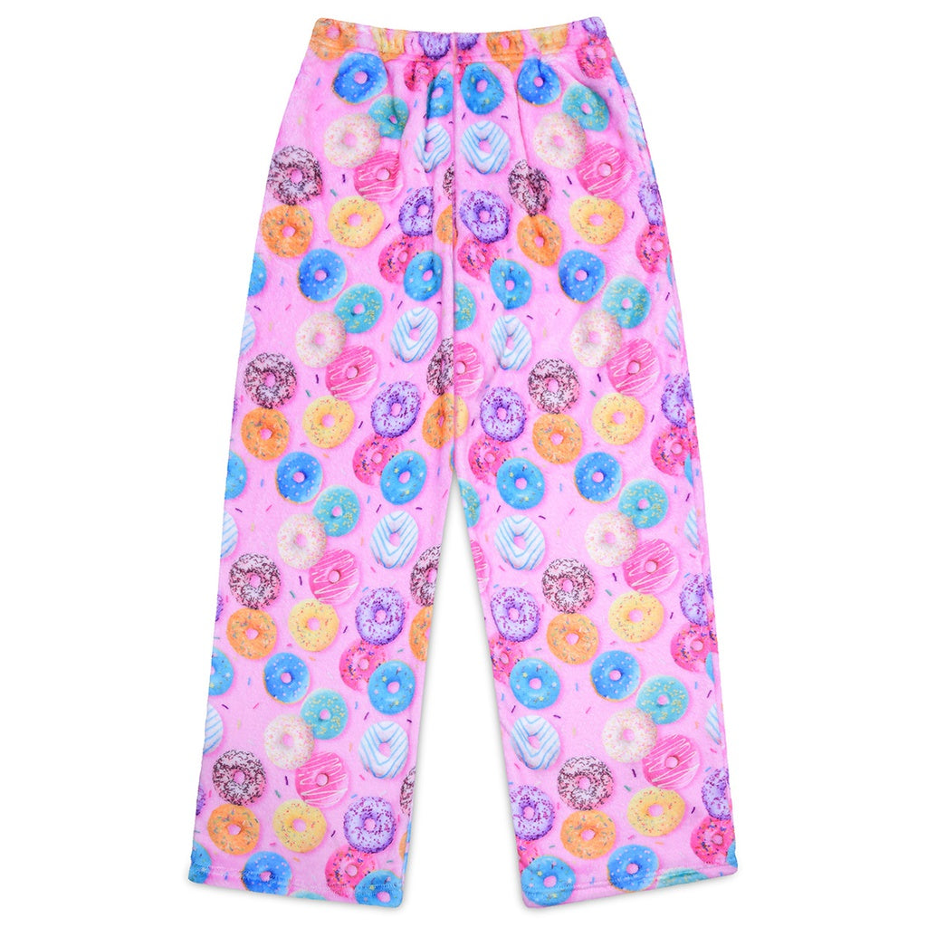 pink plush pants with colorful donuts