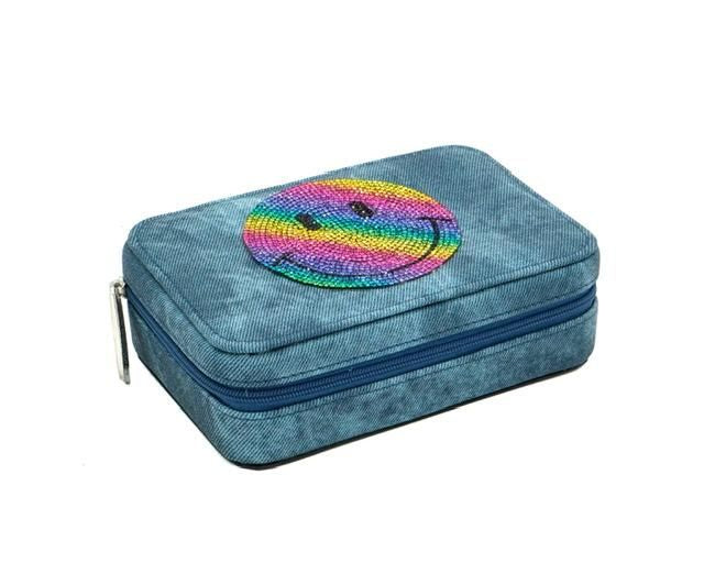 denim jewelry box with rainbow happy face 