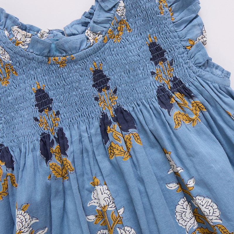 close up Stevie Dress in blue flowerette 