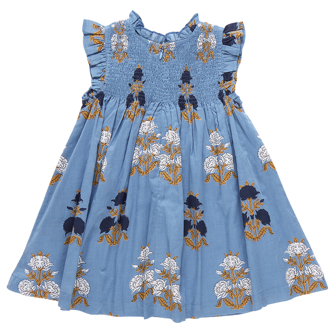 back of Stevie Dress in blue flowerette 