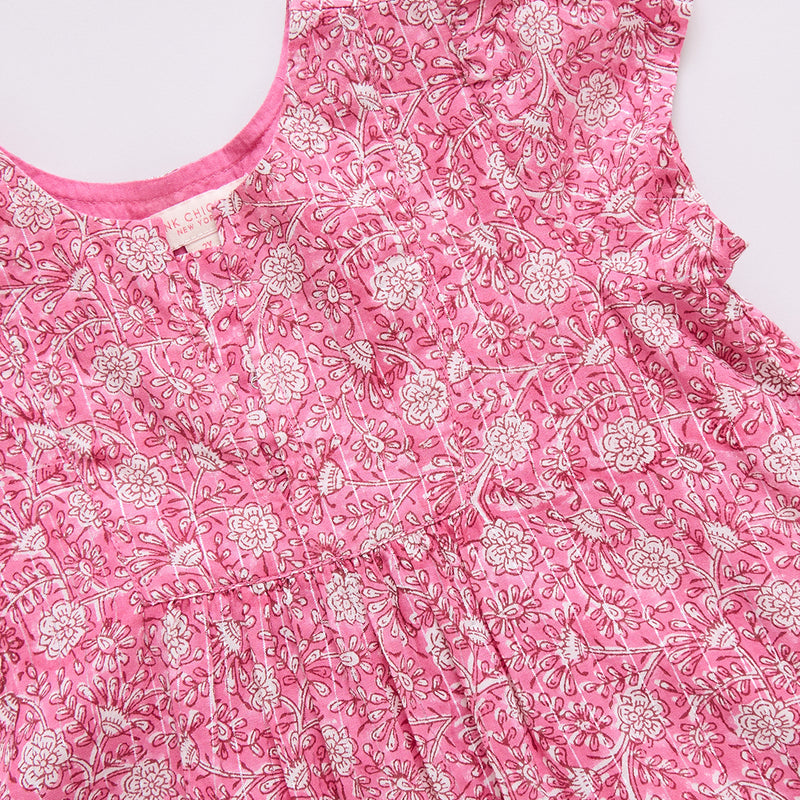 pink block print dress close up 