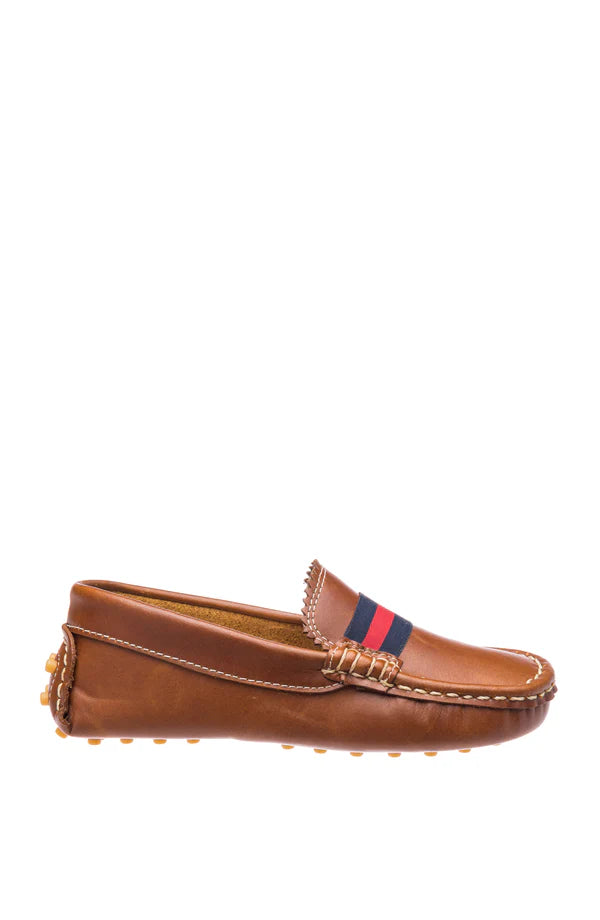 Brown club loafer with navy and red striped ribbon- side view