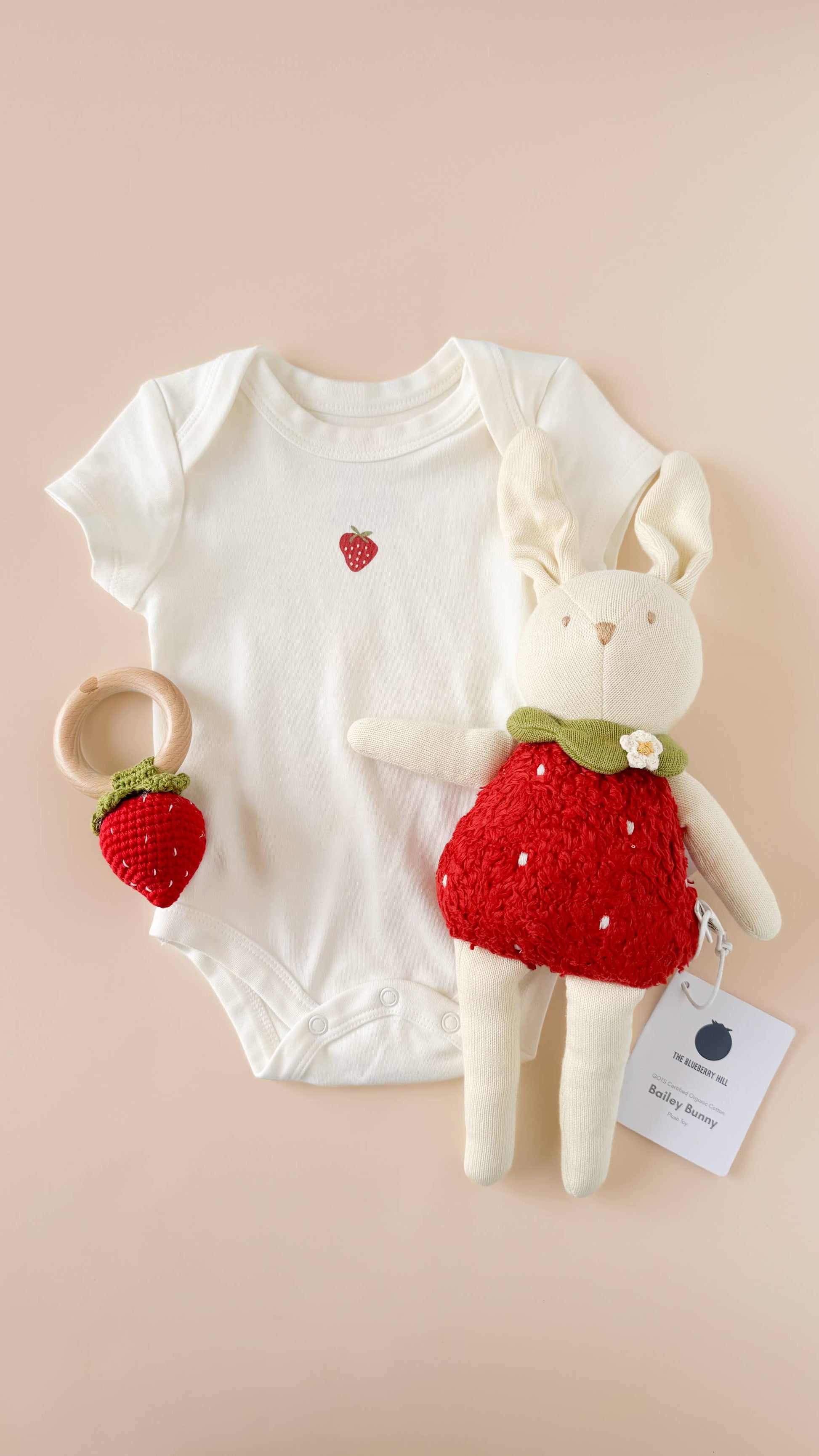 crochet strawberry rattle teether with onesie and bunny 