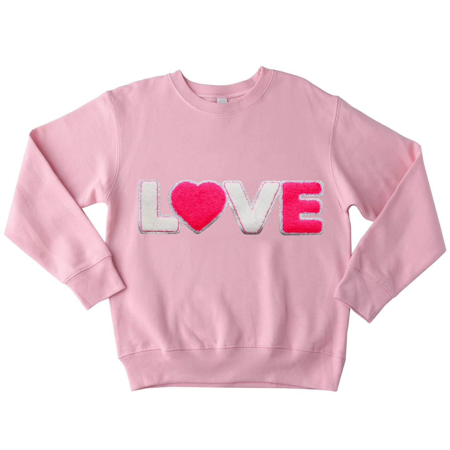 pink sweatshirt with LOVE patches