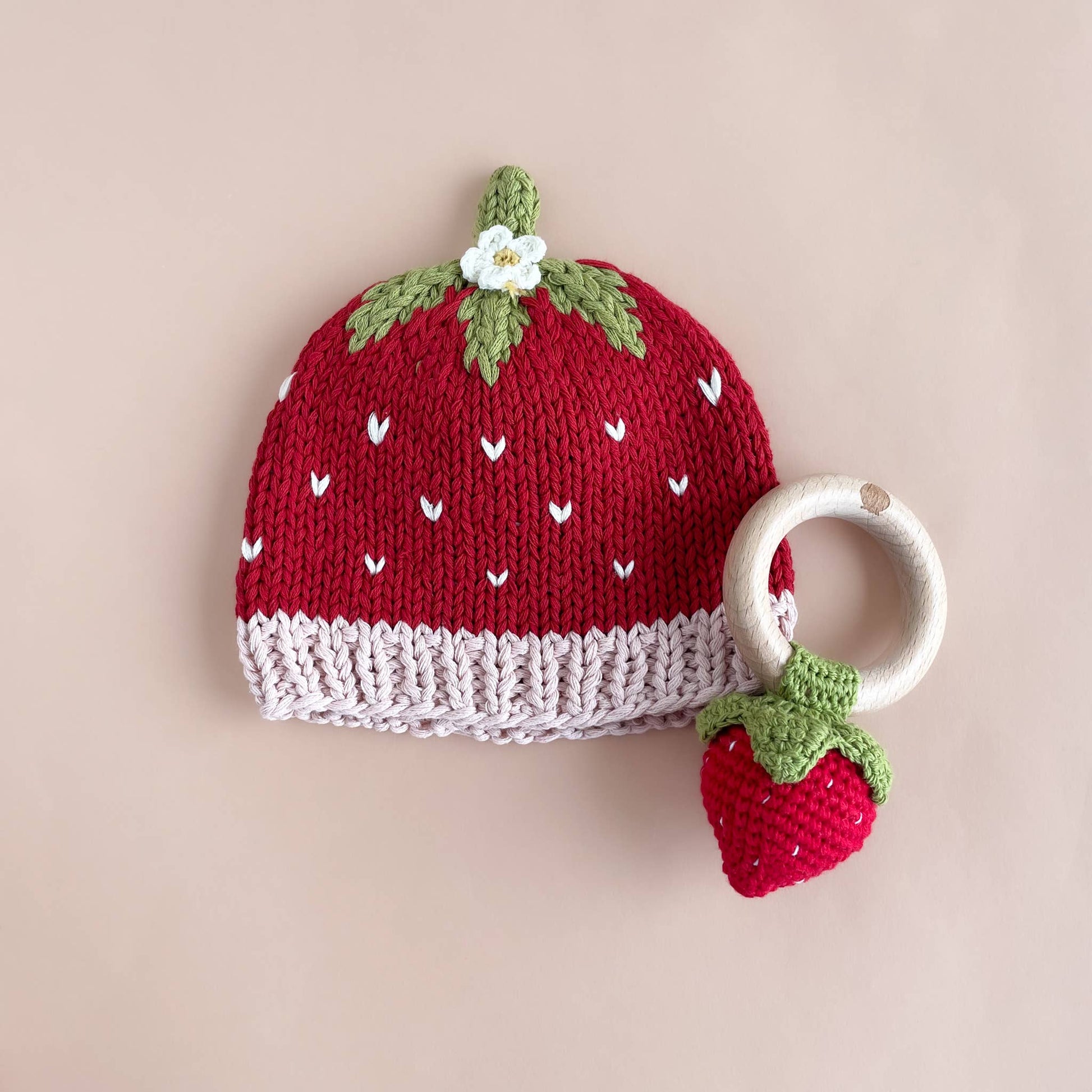 crochet strawberry rattle teether with hat 