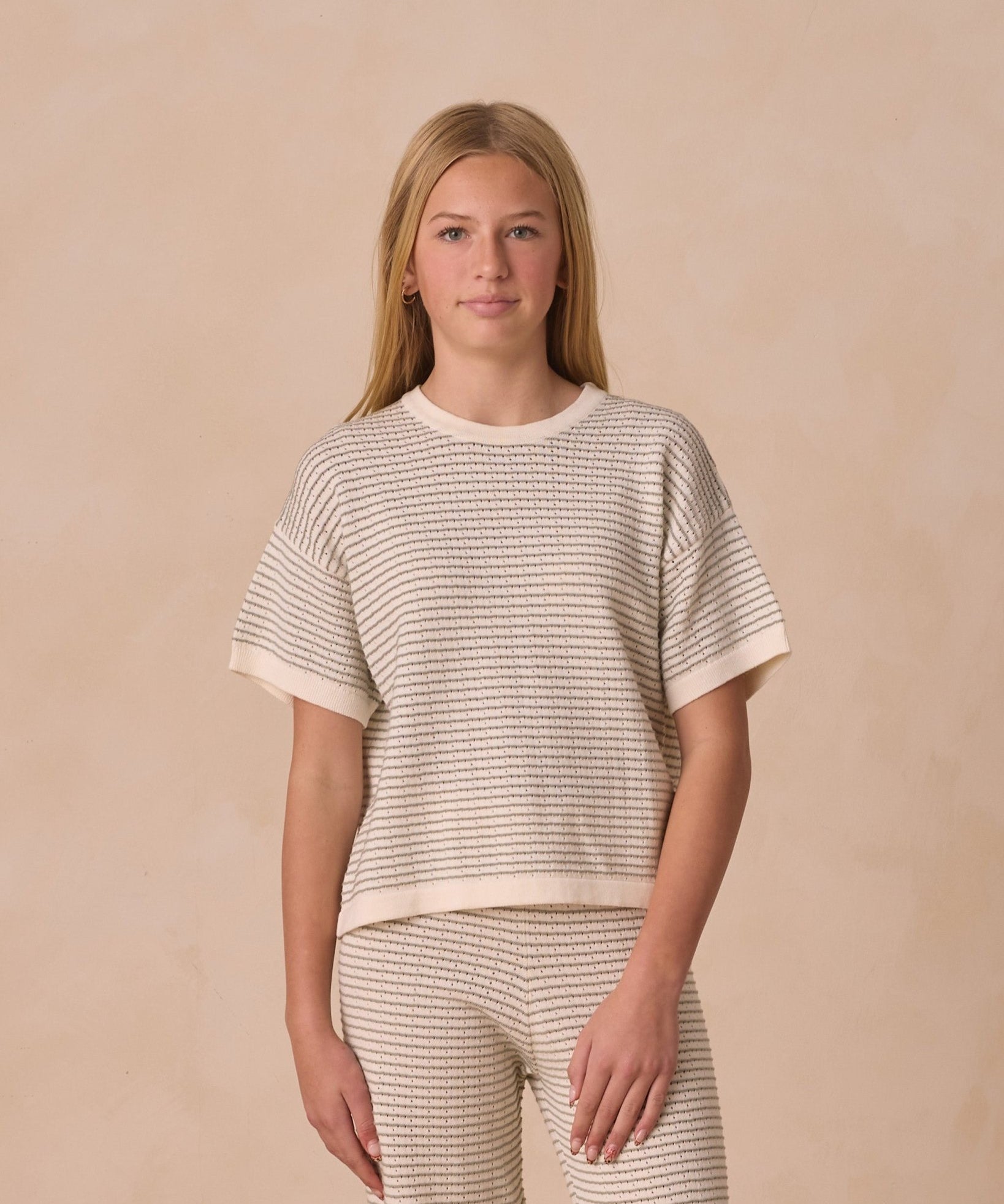 Boxy Crop Knit Tee in sage stripe - Après NJ
