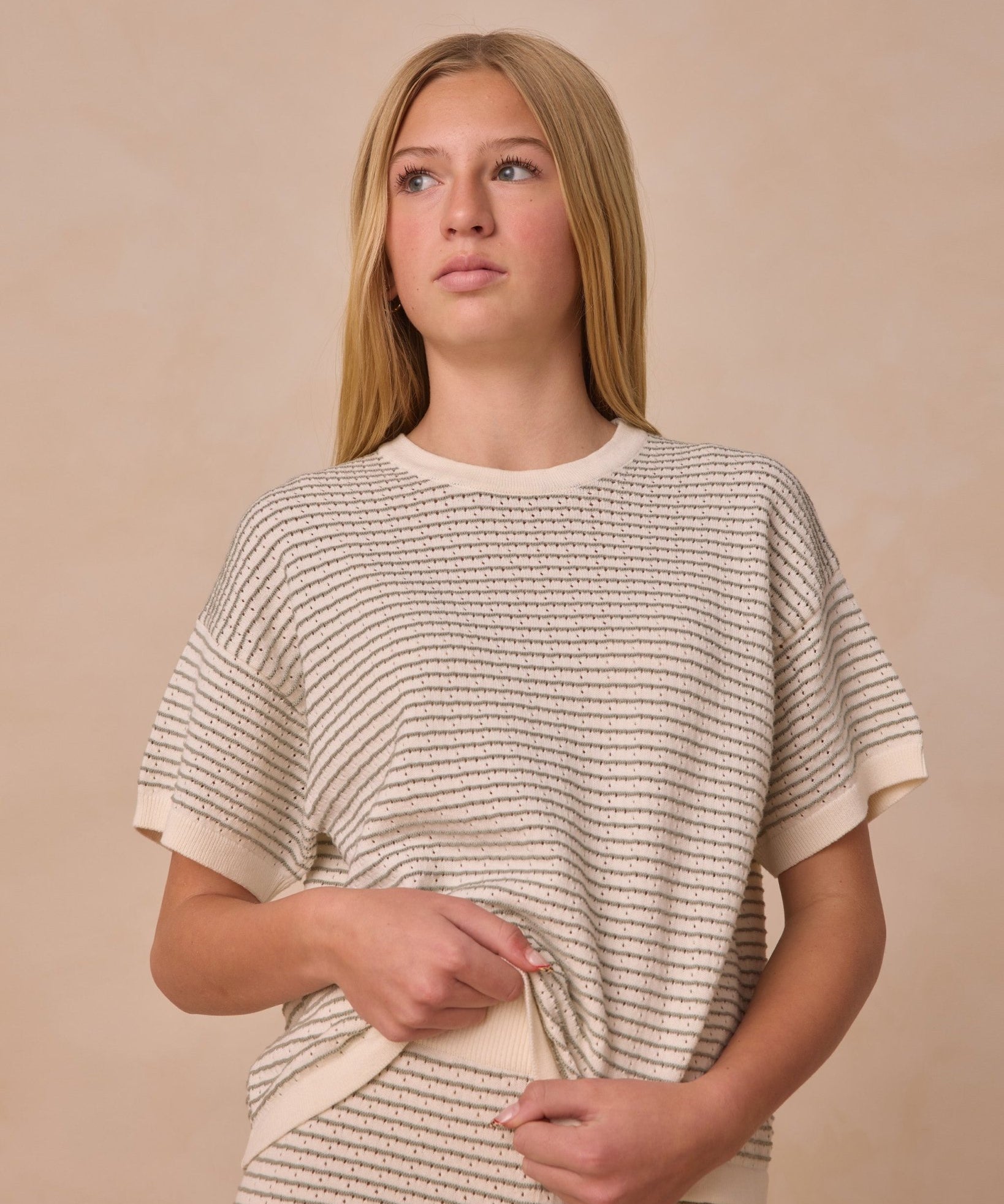 Boxy Crop Knit Tee in sage stripe - Après NJ