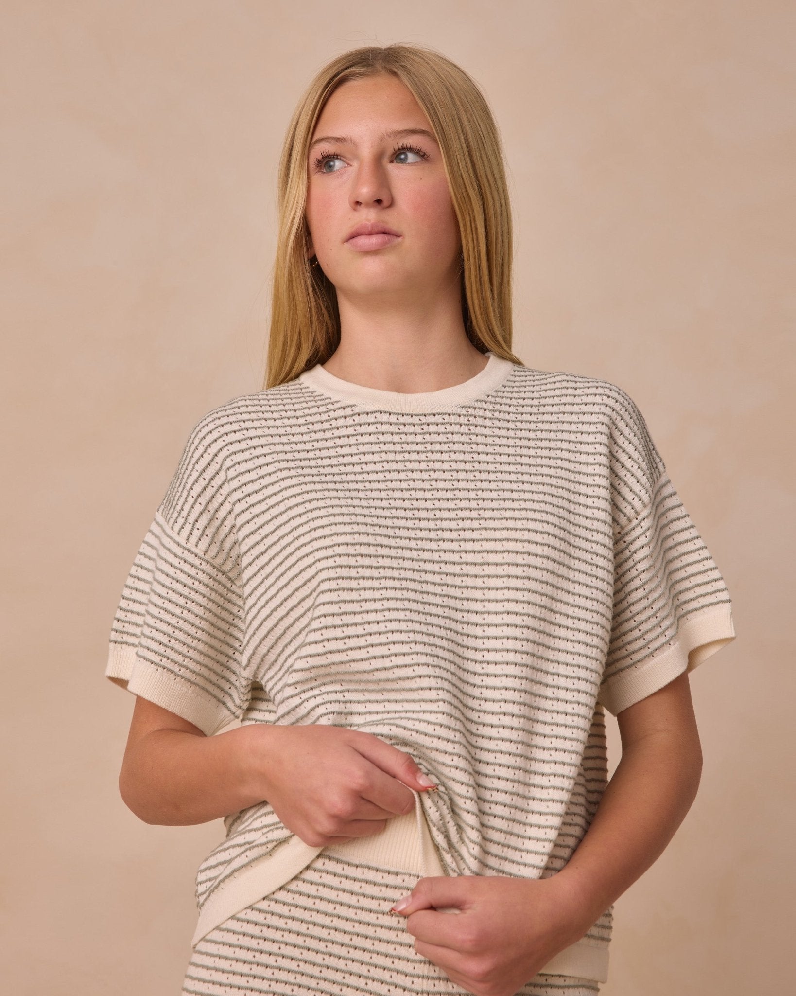 Boxy Crop Knit Tee in sage stripe - Après NJ