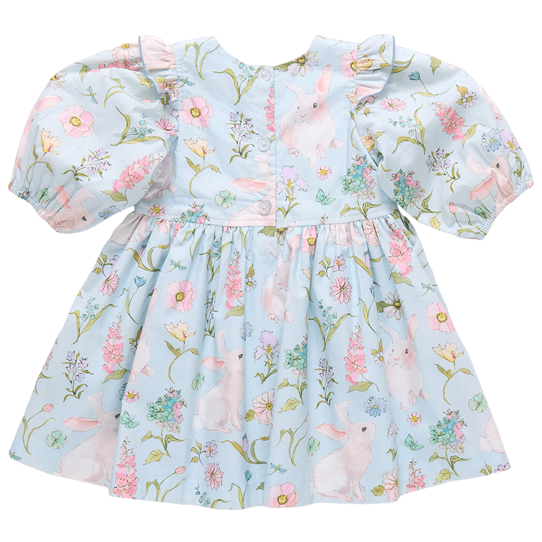 Light Blue dress with Pastel spring flowers and bunnies