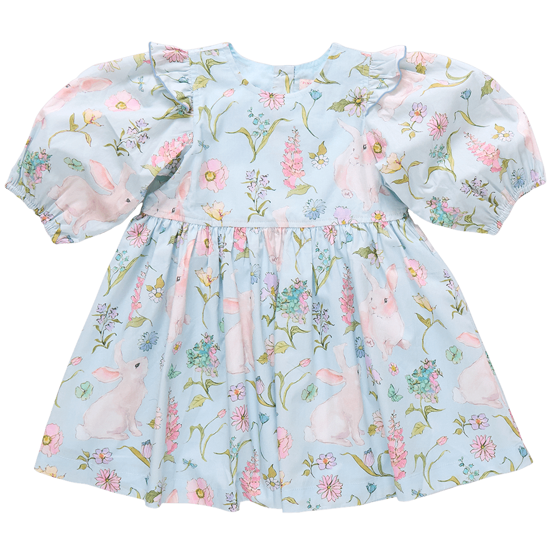 Light Blue dress with Pastel spring flowers and bunnies