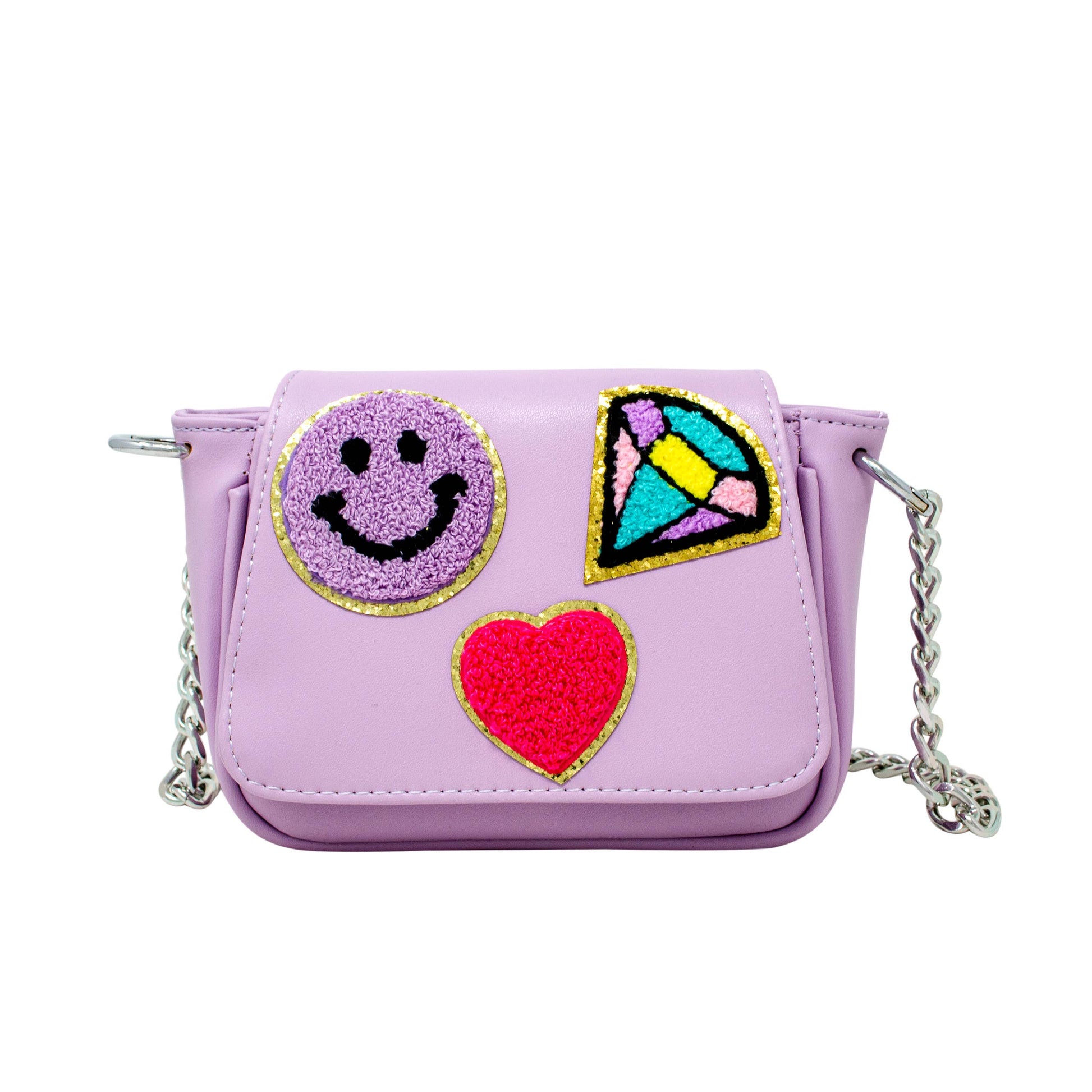 Purple handbag with Smiley, Gem and heart patches