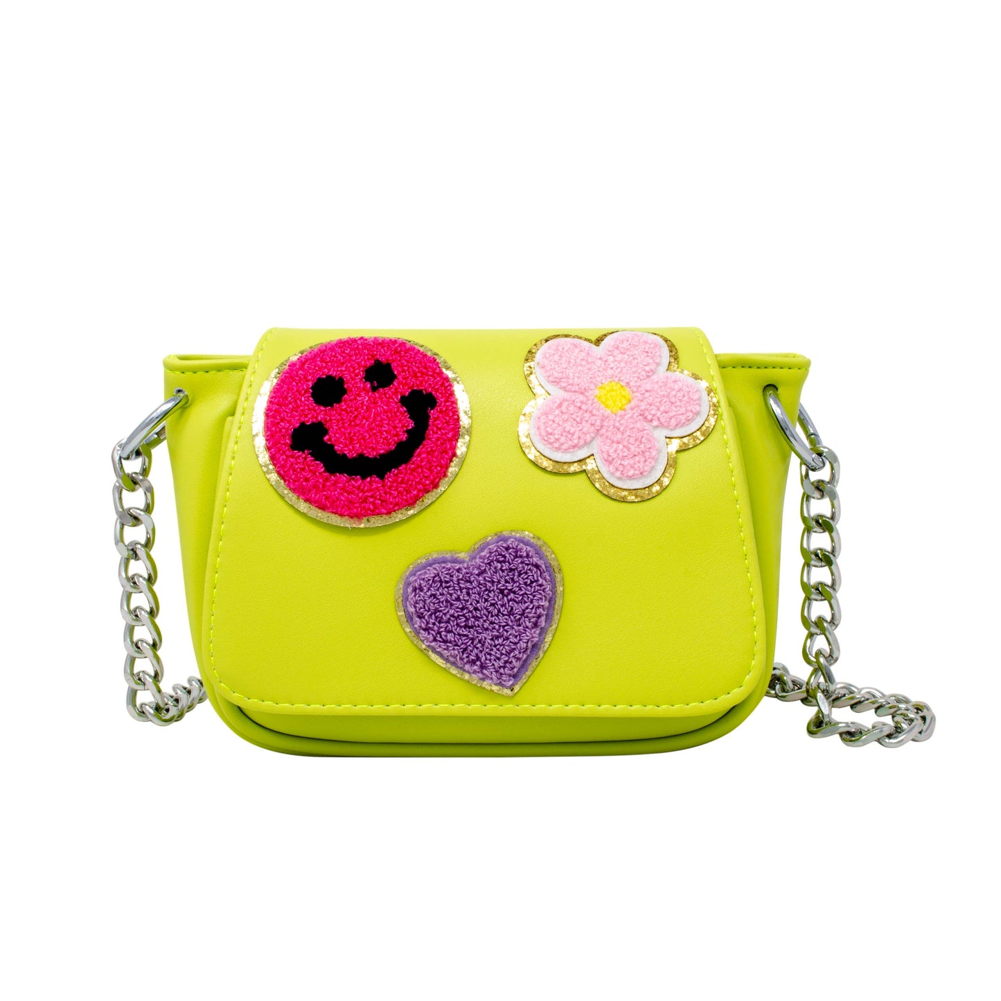 Lime handbag with smiley, flower and heart patches