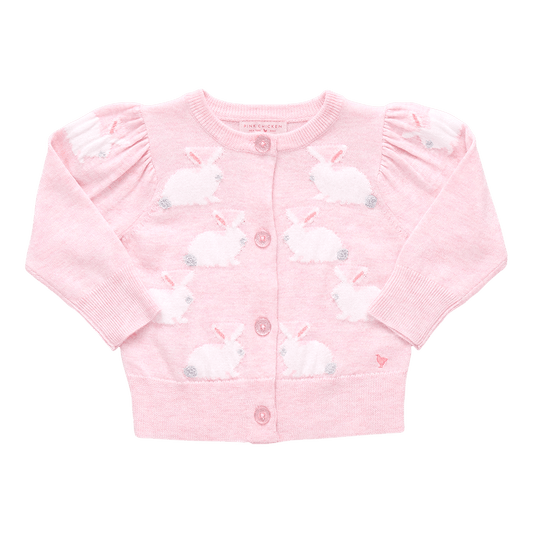 Pink cardigan with white bunnies and fluffy gray tails