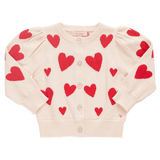 Cream cardigan sweater with red hearts