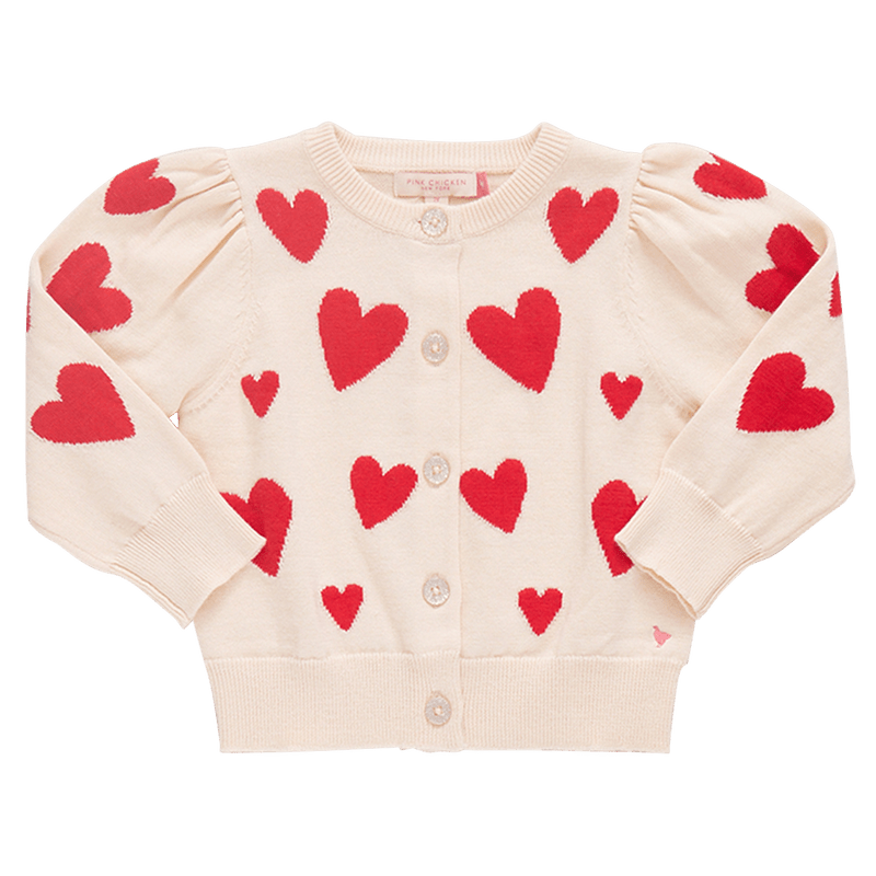 Cream cardigan sweater with red hearts