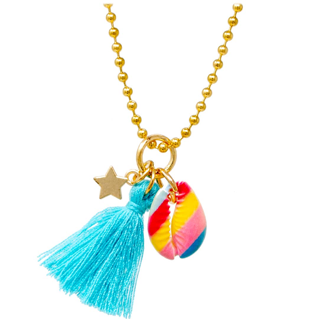 rainbow seashell with blue tassel and star on gold beaded chain