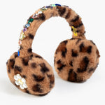 Leopard print earmuffs with decorative elements on a white background