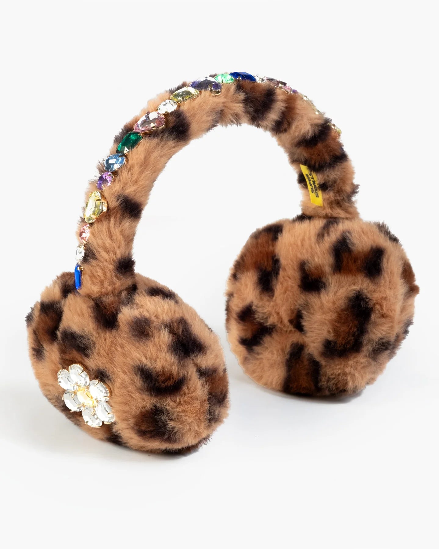 Leopard print earmuffs with decorative elements on a white background
