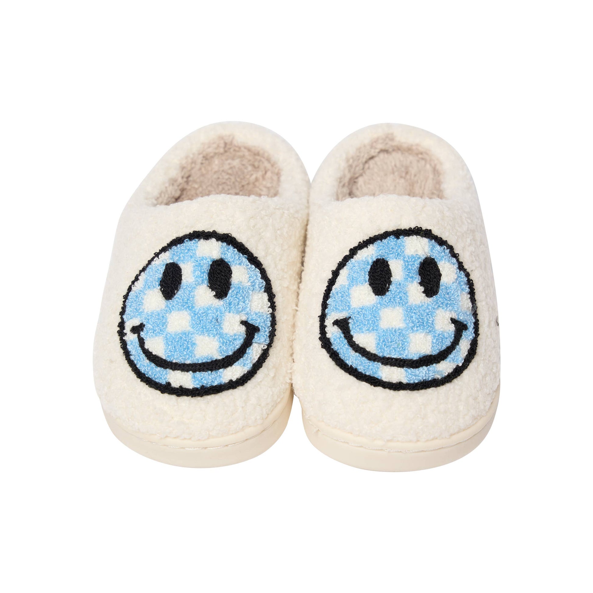 Blue checkered smiley face slippers