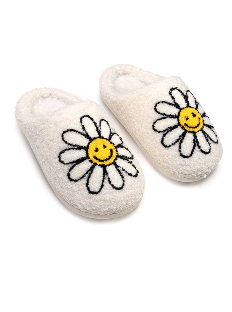 SLippers with white daisy and yellow smiley face center