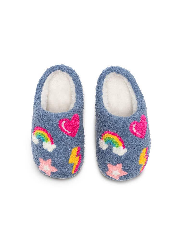 blue slippers with pink heart, lightning bolt, rainbow and star icons 