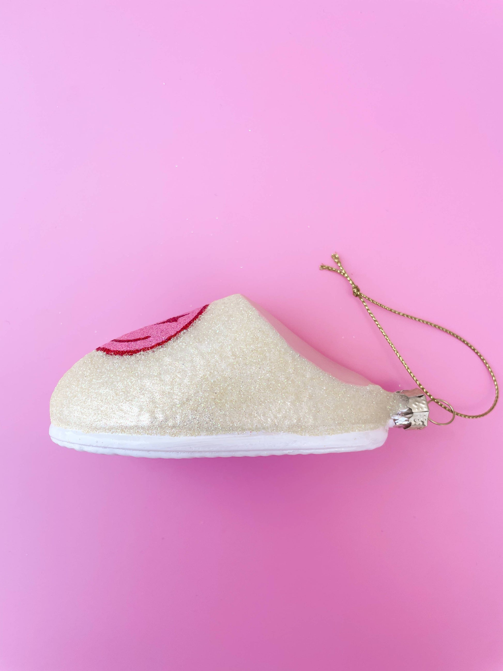 pink smiley face slipper ornament- side view