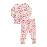 light pink long sleeved pajama set with colorful friendship bracelets