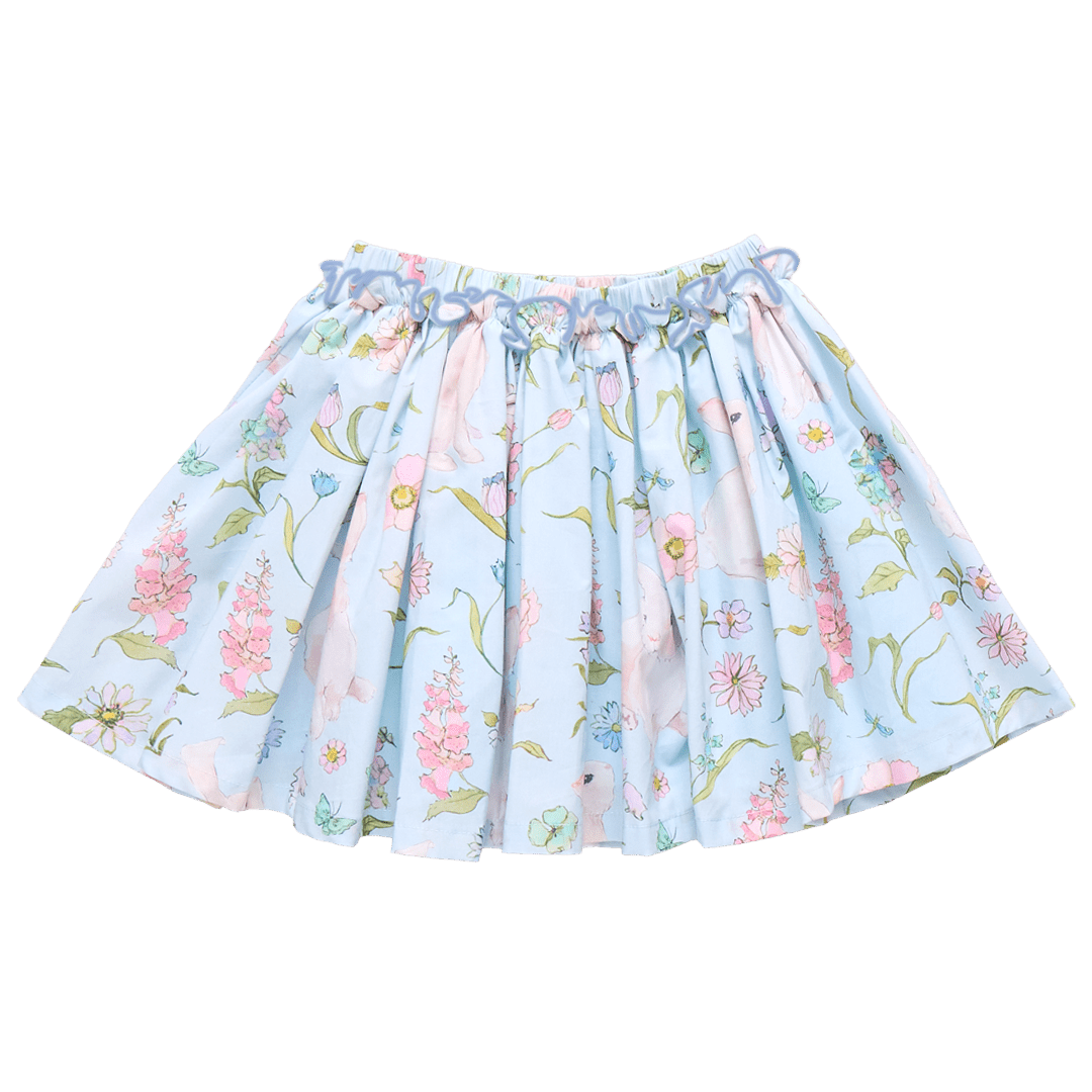 Light Blue skirt with colorful pastel spring flowers and bunnies