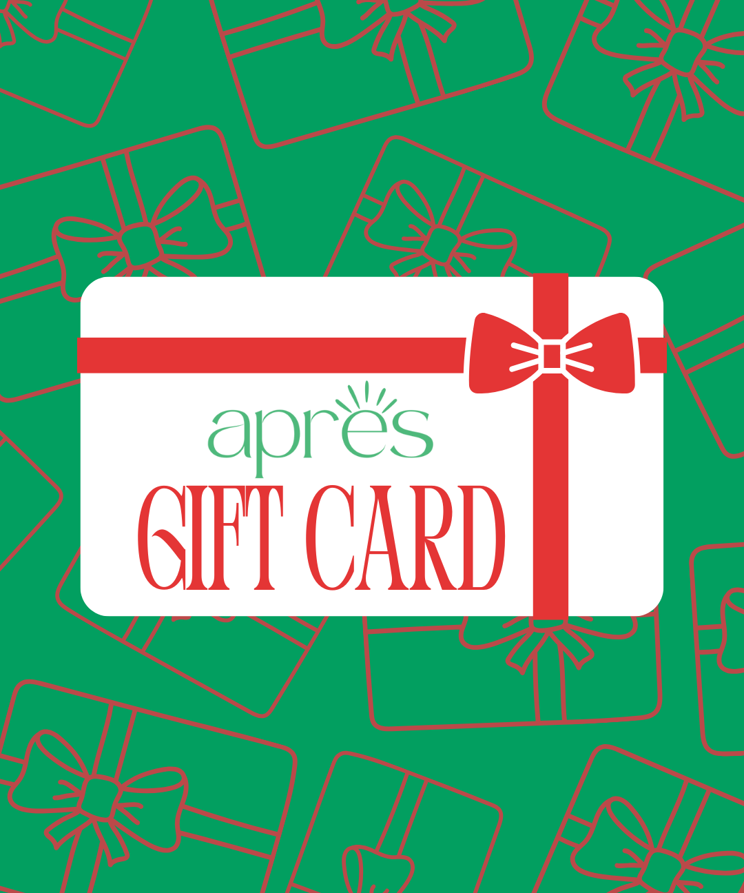 Gift card design with red ribbon and bow on a green background with gift box outlines