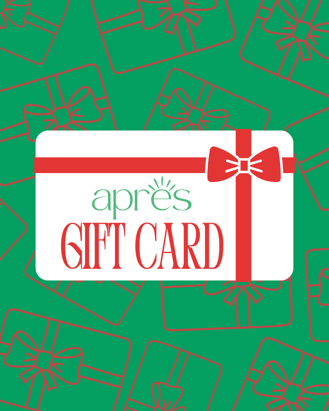 Gift card design with red ribbon and bow on a green background with gift box outlines
