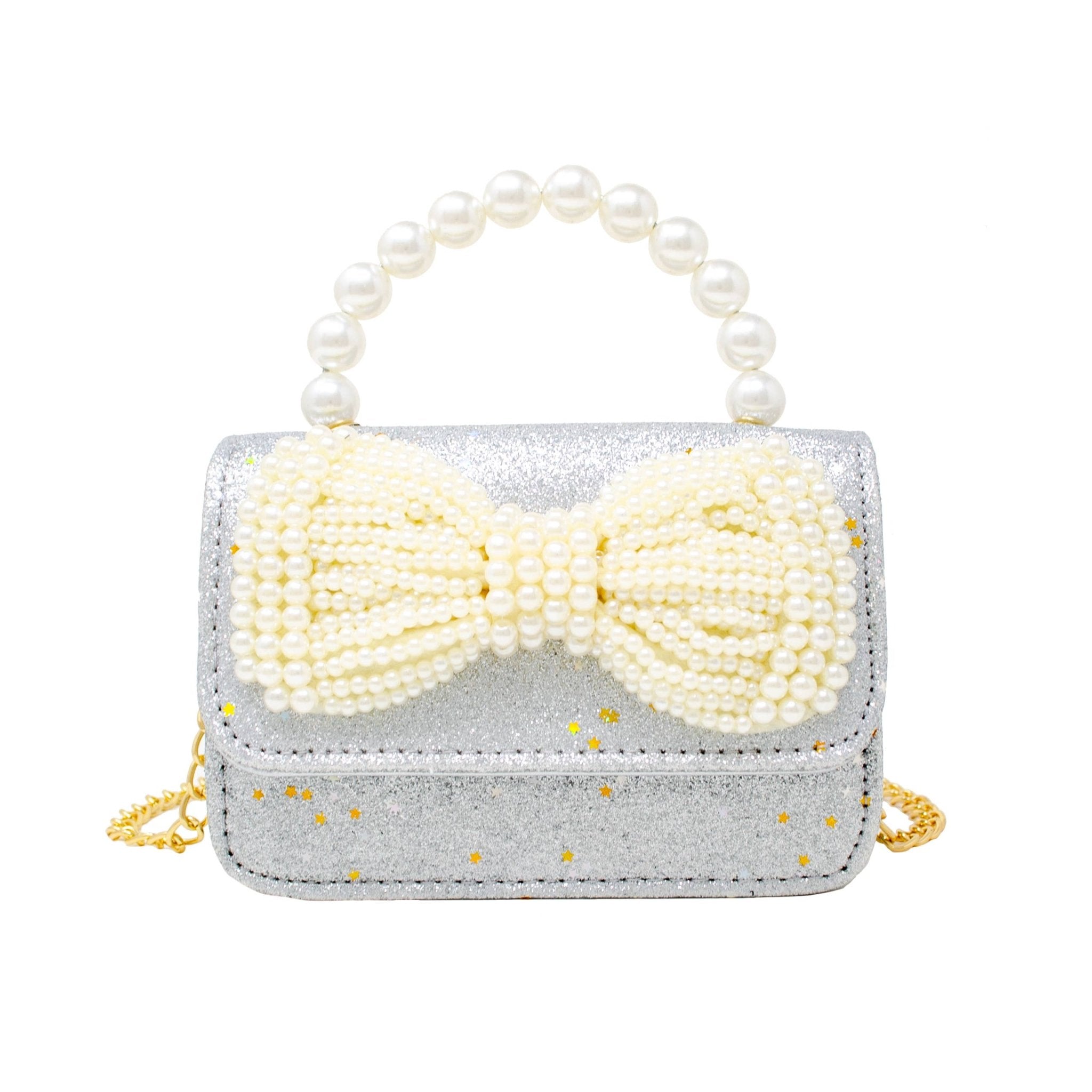 Glitter Pearl Handle Bow Handbag - Silver - Après NJ