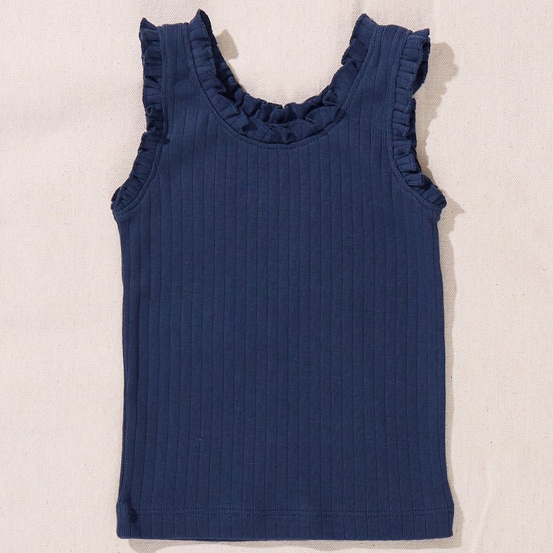 Navy Ribbed Ruffled Tank Top