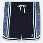 Black shorts with patterned side panels on a white background