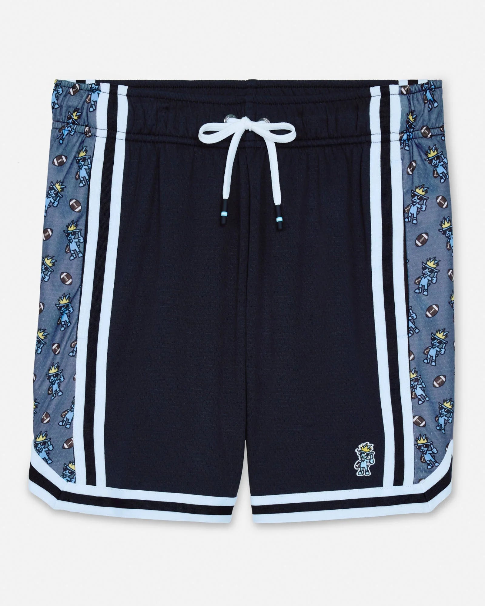 Black shorts with patterned side panels on a white background