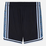 Black shorts with patterned side panels on a white background
