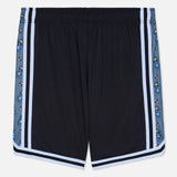 Black shorts with patterned side panels on a white background