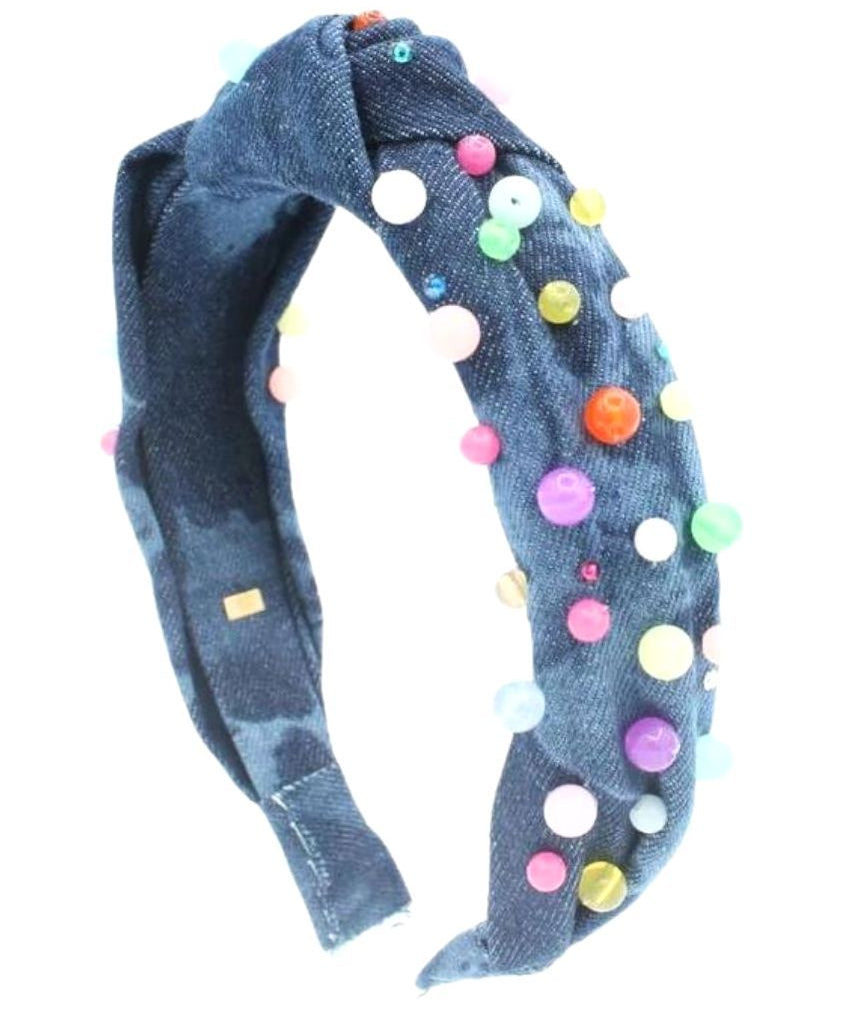 Multi - Colored Pearls on Denim Headband - Après NJ