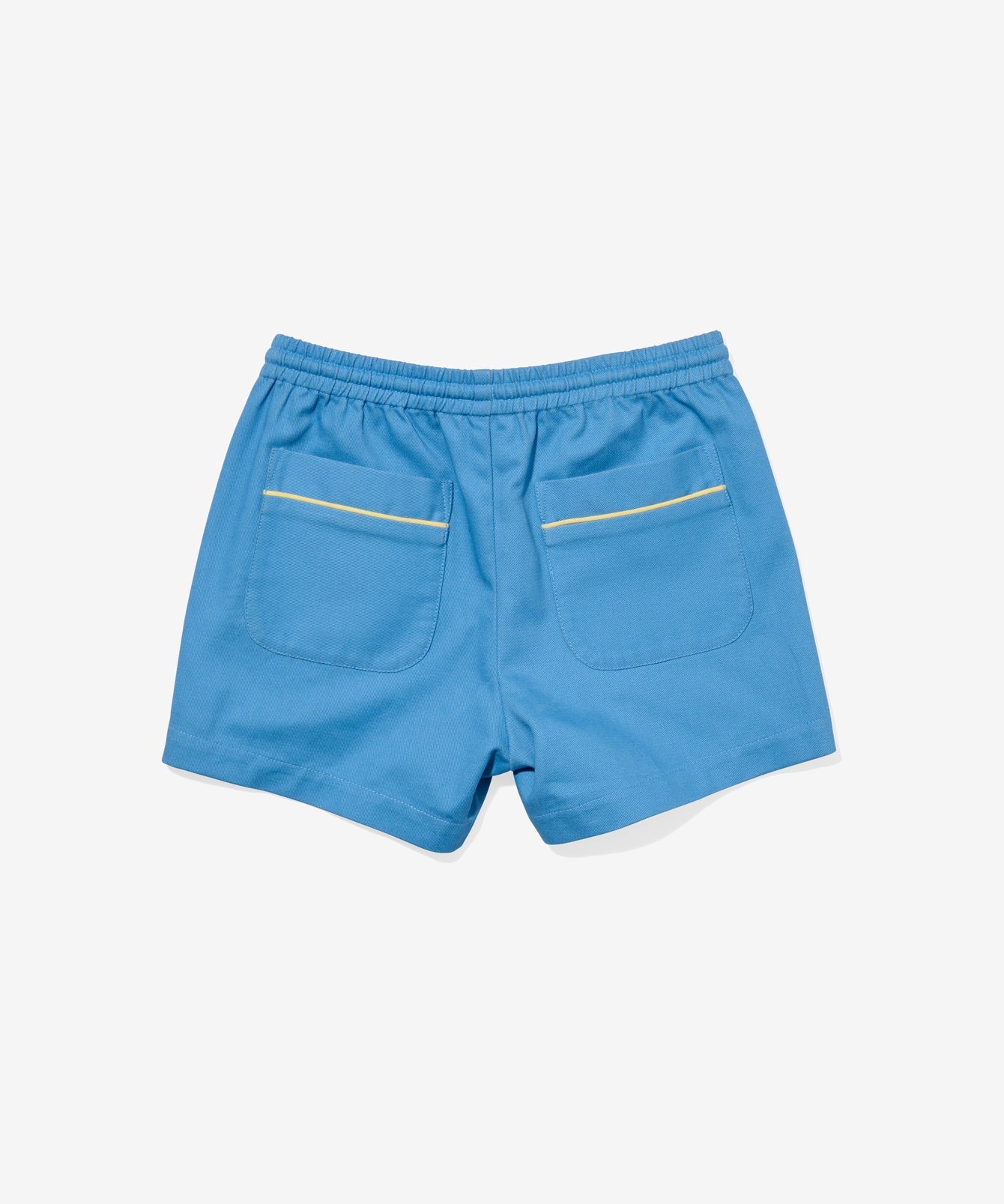  back of Blue shorts with yellow zippers on a light gray background