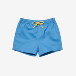 Blue shorts with a yellow drawstring on a white background