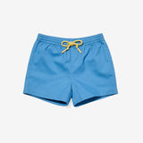 Blue shorts with a yellow drawstring on a white background