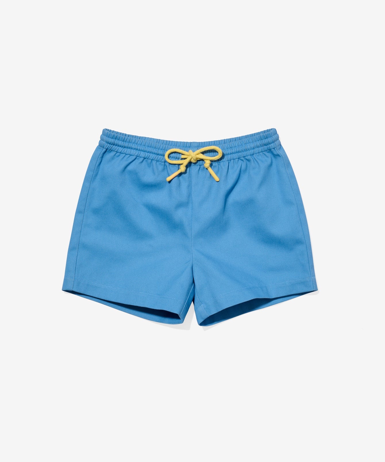 Blue shorts with a yellow drawstring on a white background